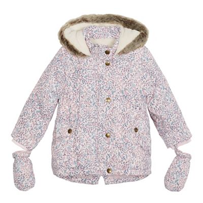 Mantaray Girls' pink ditsy print coat with removable mittens